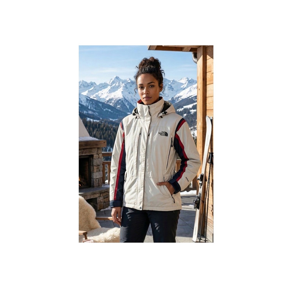 The North Face HyVent Ski Snow Jacket Women's M White Navy Red Hooded Waterproof